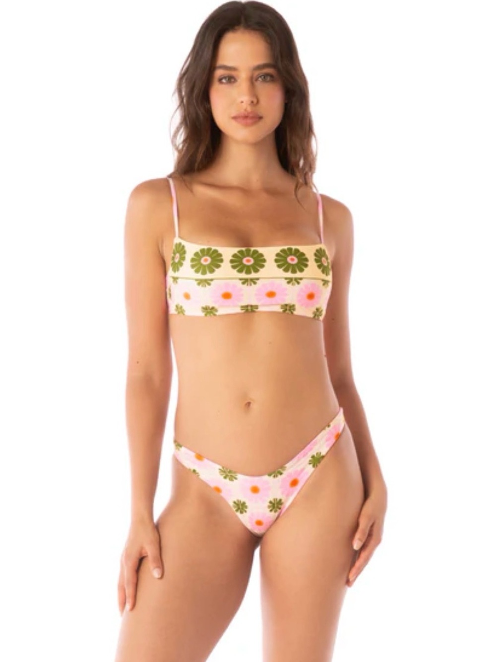 Maaji Pink Floral Bikini Set with Green Daisy Accents